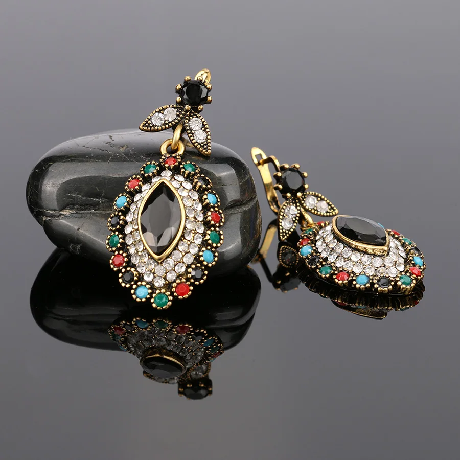 2 Ks/veľa Indické Šperky Sady Vintage Farebné Kameň Zlaté Náušnice, Náhrdelník Etnických Ženy Šperky Bohemian Crystal Príslušenstvo Obrázok 4
