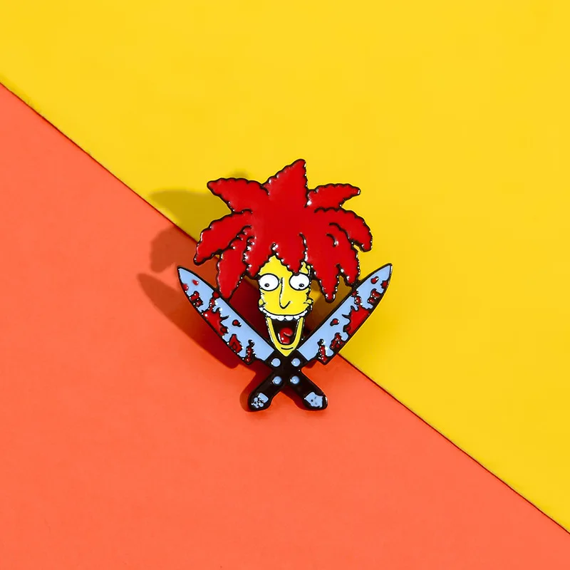 XEDZ Zábava červené vlasy chlapec klaun dvojitý nôž smalt pin romantických mužov a žien kovové odznak punk oblečenie klope brošňa darček Obrázok 1