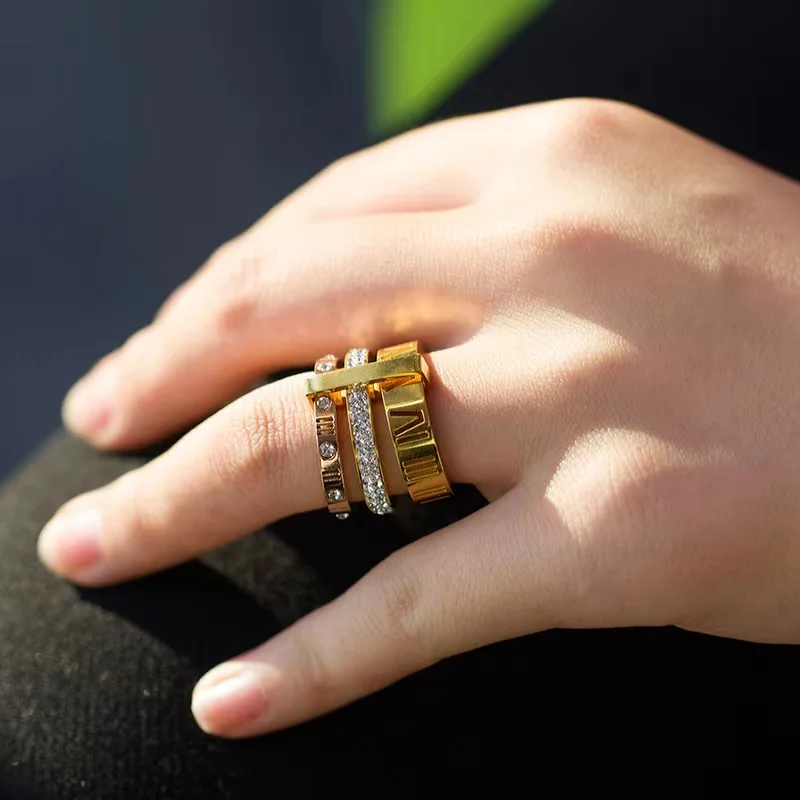 Luxusné Drahokamu Prstene Pre Ženy Nehrdzavejúcej Ocele Zlatá/Strieborná Farba Rímske Číslice Prst Krúžky Ženské Svadobné Zásnubné Prstene Obrázok 0