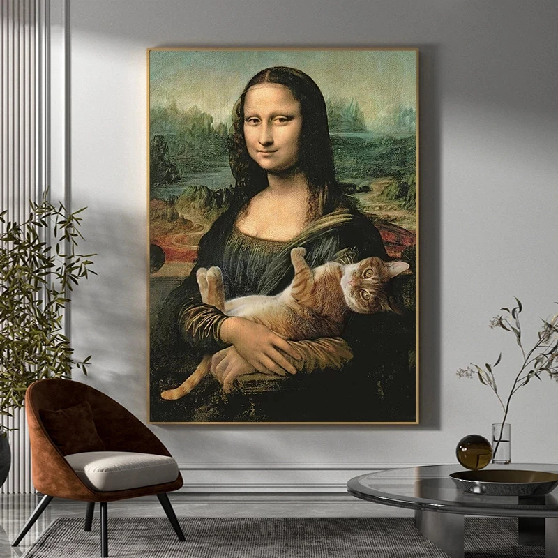 Slávny obraz s Úsmevom Mona Lisa s Mačkou Vintage Umelecké Plátno na Maľovanie Plagátu Vytlačí Wall Art Obraz Obývacia Izba Domova Obrázok 1