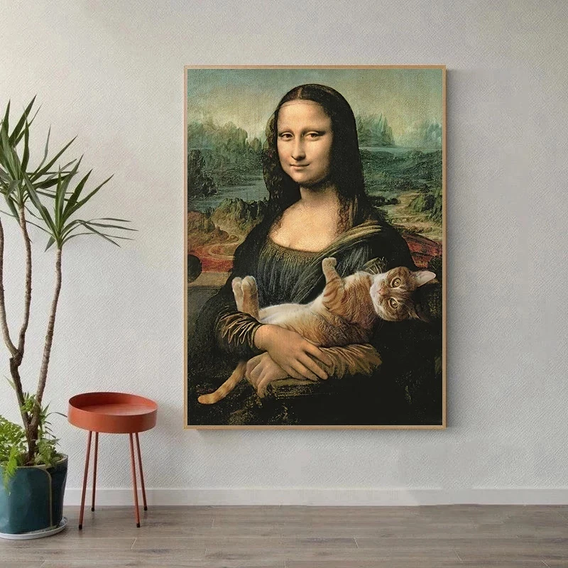 Slávny obraz s Úsmevom Mona Lisa s Mačkou Vintage Umelecké Plátno na Maľovanie Plagátu Vytlačí Wall Art Obraz Obývacia Izba Domova Obrázok 2