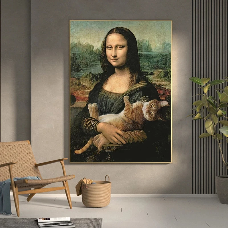 Slávny obraz s Úsmevom Mona Lisa s Mačkou Vintage Umelecké Plátno na Maľovanie Plagátu Vytlačí Wall Art Obraz Obývacia Izba Domova Obrázok 3