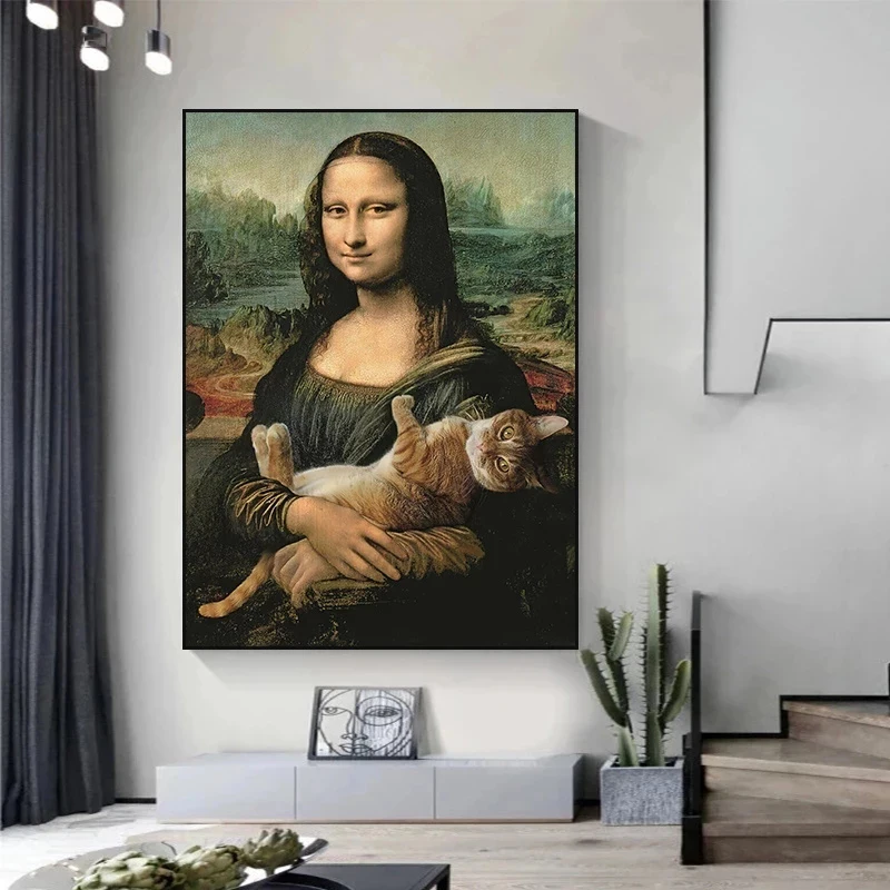 Slávny obraz s Úsmevom Mona Lisa s Mačkou Vintage Umelecké Plátno na Maľovanie Plagátu Vytlačí Wall Art Obraz Obývacia Izba Domova Obrázok 4