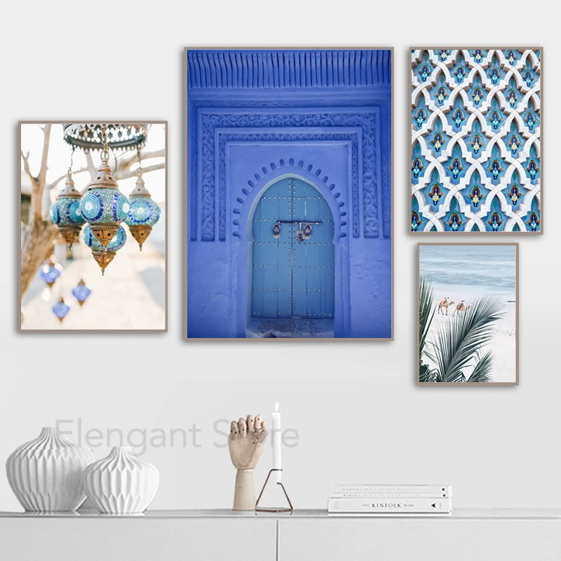Boho Modrá Marocký Pobrežných Wall Art Plátno, Maľovanie Obrazy Starovekého Dvere Camel Pláž Palma Fotografie, Plagáty a Vytlačí Dekor Obrázok 4