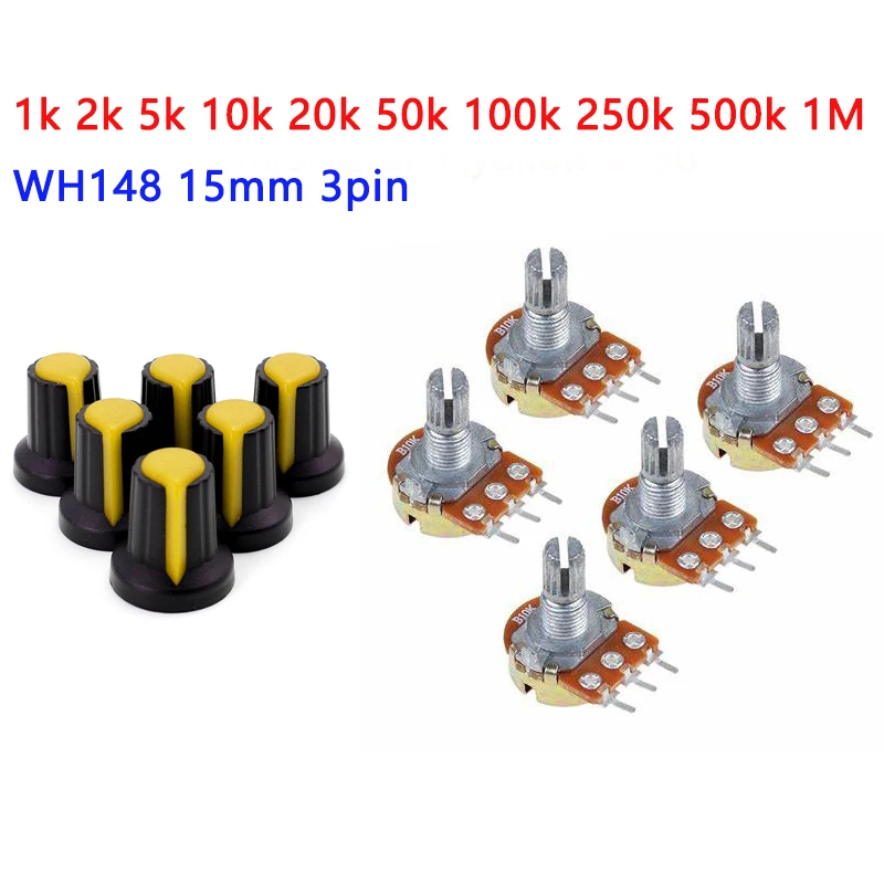 5 Nastavte WH148 Potenciometer 1K 10 K 20 K 50K 100K 250K 500 15 MM 3Pin Lineárne Taper Otočný Potenciometer Odpor s AG2 Žltá Čiapka Obrázok 1