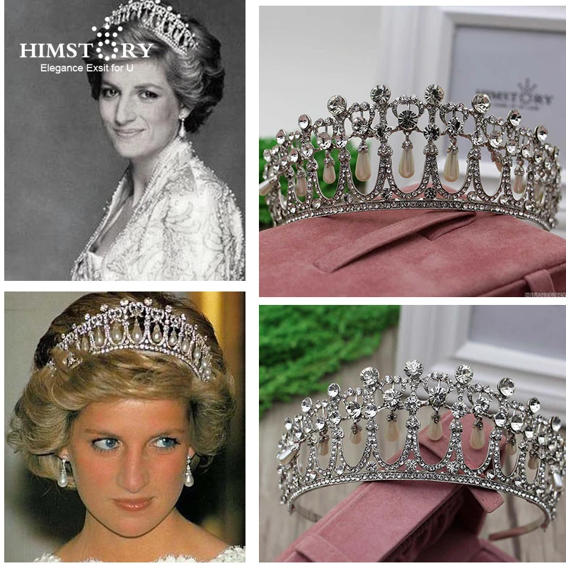 Himstory Klasické Princezná Diana Tiaras Koruny Kamienkami Waterdrop Pearl Svadobné Svadobné Tiara Korún Vlasy Príslušenstvo Šperky Obrázok 0