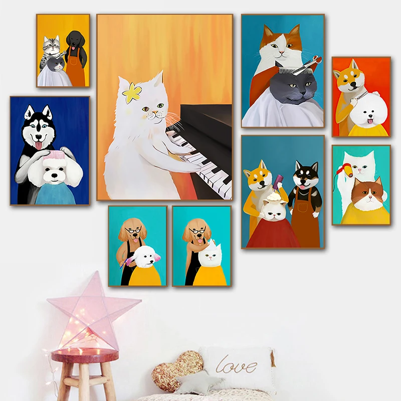 Karikatúra Roztomilý Mačka Moderné Plagáty Zábavné Psa Účes Vytlačí Plátno na Maľovanie na Stenu Obrázok Pre Obývacej Izbe, detskej Spálne Domova Obrázok 1