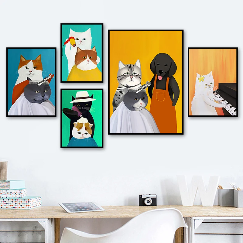 Karikatúra Roztomilý Mačka Moderné Plagáty Zábavné Psa Účes Vytlačí Plátno na Maľovanie na Stenu Obrázok Pre Obývacej Izbe, detskej Spálne Domova Obrázok 2