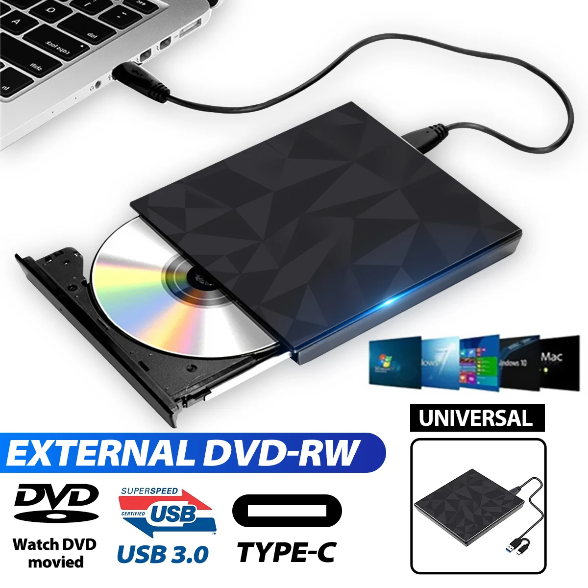 Kebidu DVD Typu C, Kábel USB 3.0 Externý DVD, CD, DVD RW Spisovateľ Prípade Horák Optické Prehrávač Kompatibilný pre Prenosný počítač iMac Obrázok 5