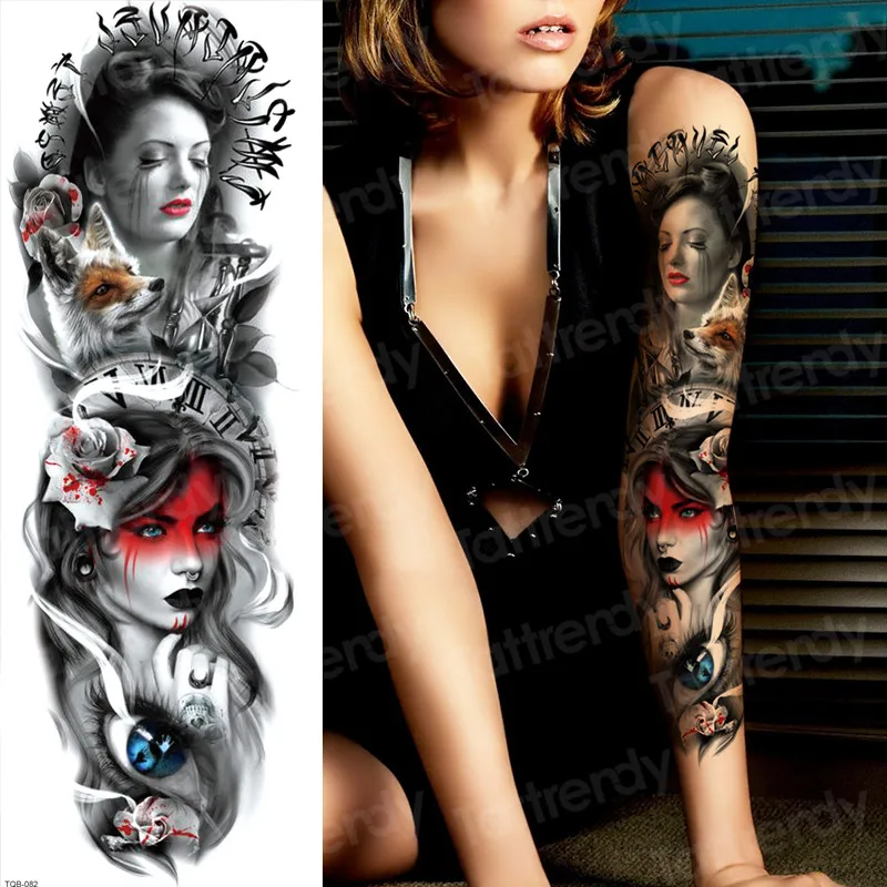tattoo rukáv ženy, sex robot stroj tetovanie oversleeve lebky tetovanie dlhý rukáv kostra dočasné tetovanie čiernou veľké nálepky Obrázok 1
