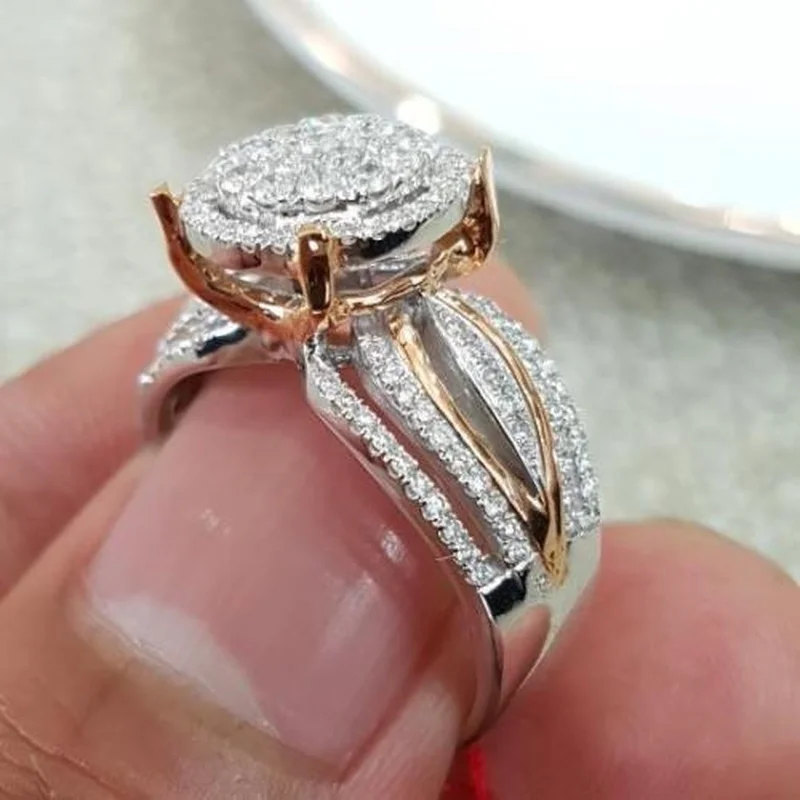 Luxusné Strieborné Farebné Svadobné Prstene pre Ženy Módne Kovové Dve Tón Vykladané Zirkón Kamene Zásnubný Prsteň, Šperky Obrázok 1
