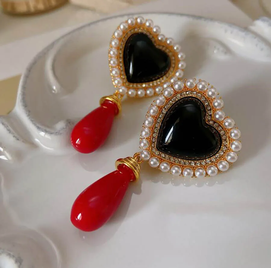 in farba lásky pearl náušnice žien retro prehnané kontrast drahokam prívesok high-end červené srdce vintage classic šperky Obrázok 1