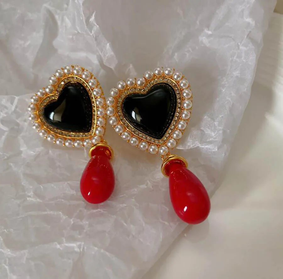 in farba lásky pearl náušnice žien retro prehnané kontrast drahokam prívesok high-end červené srdce vintage classic šperky Obrázok 2