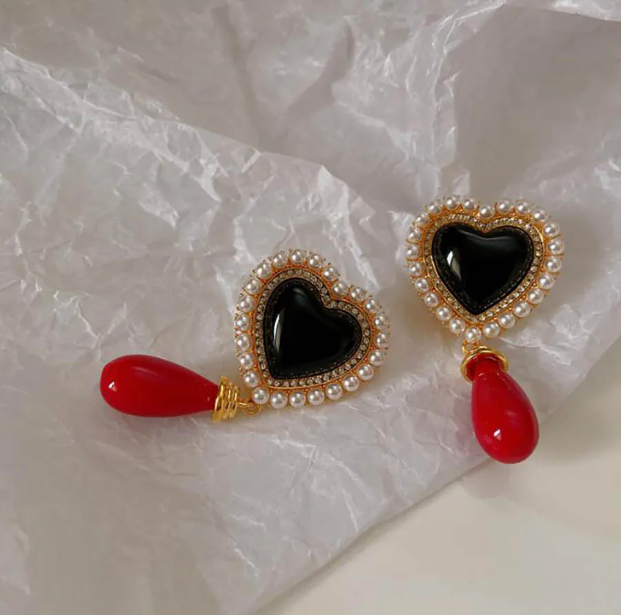 in farba lásky pearl náušnice žien retro prehnané kontrast drahokam prívesok high-end červené srdce vintage classic šperky Obrázok 5