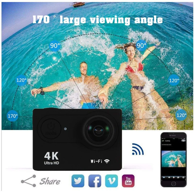 Pôvodné 4K/30fps Ultra HD Akcia Fotoaparát, WiFi Remote Akcia Fotoaparát 170D 30 M Vodotesná Športová Kamera Vonkajšie Adrenalínové Športy Camer Obrázok 5