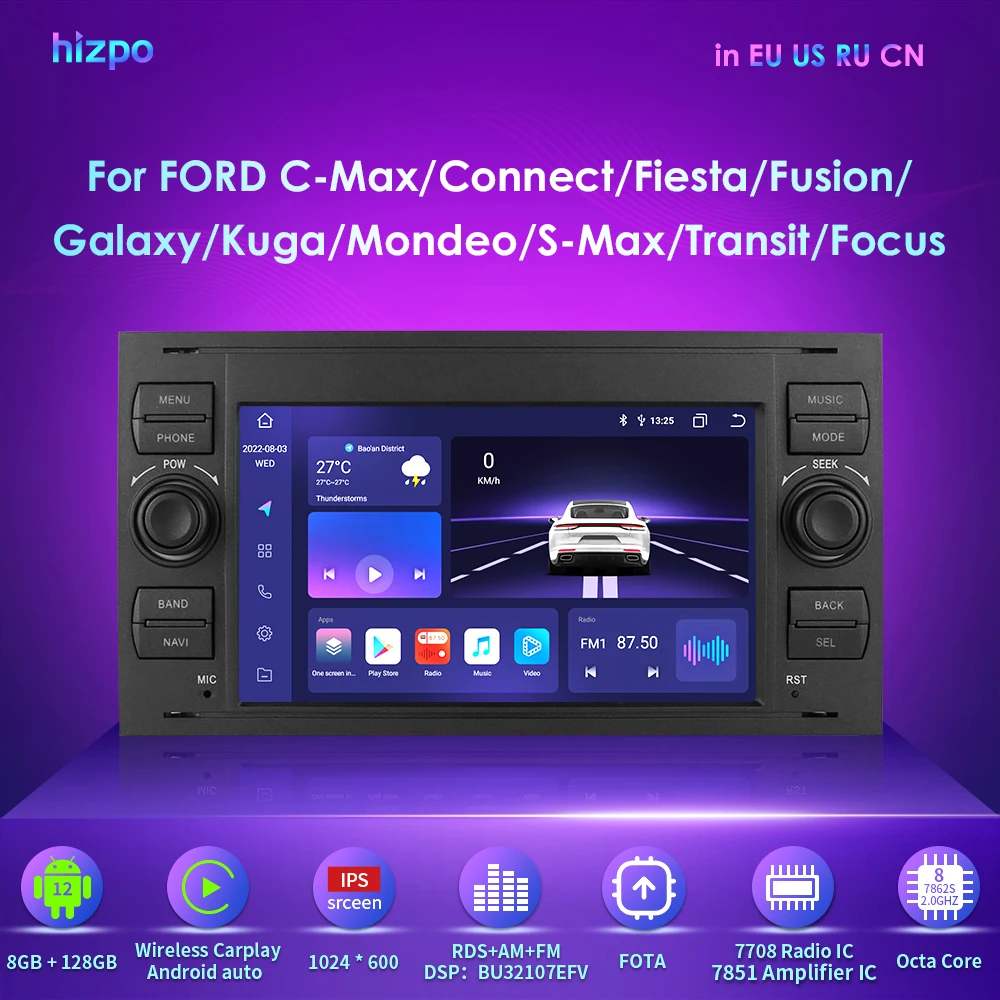 Hizpo 8GB+128GB 2Din Android 12 Auto Multimediálny Prehrávač Pre Ford Focus S-Max, Mondeo 9 Galaxy, C-Max Kuga GPS Navi CarPlay AutoRadio Obrázok 0