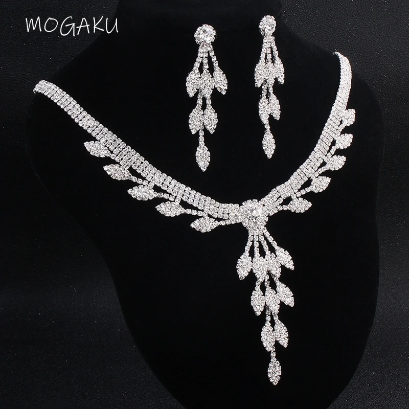 MOGAKU Crystal Silver Farba Listov Náhrdelníky Náušnice Šperky Sady pre Ženy, Spoločenské Šaty, Doplnky, Svadobné Luxusné Šperky Darček Obrázok 0