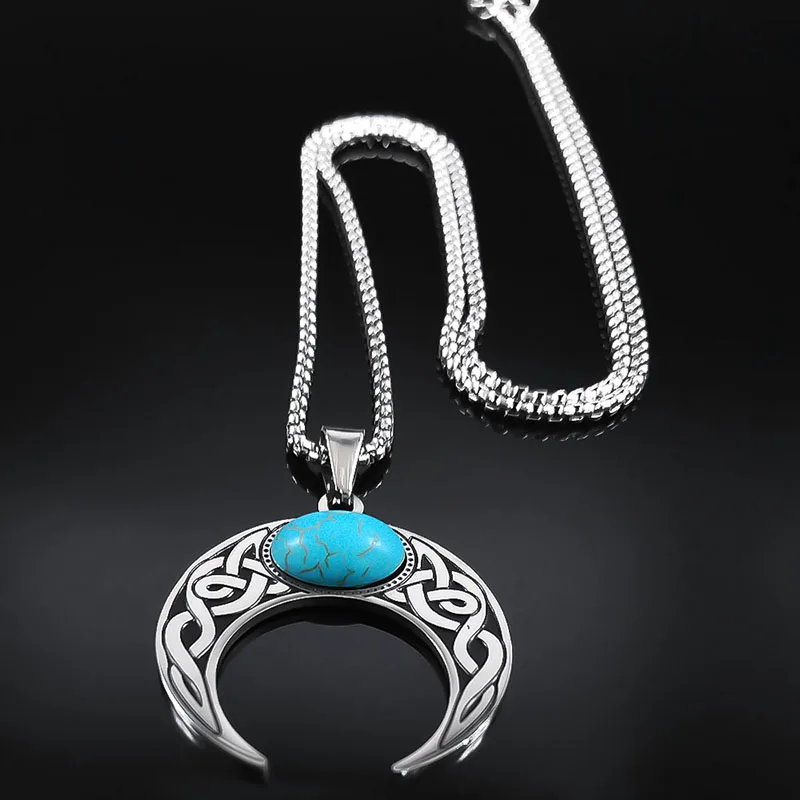 Čarodejnice Írsky Keltský Uzol Polmesiacom Náhrdelníky Viking Wiccan Ochrany Amulet Z Nehrdzavejúcej Ocele Modrý Kameň Náhrdelník Šperky Darček Obrázok 1