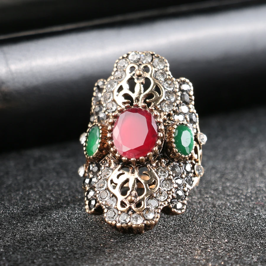 2021 Nové Z Indie Unikátny Červený Starožitné Krúžok Farebné Antické Zlato Vintage Crystal Prstene Pre Ženy Strany Šperky Obrázok 1