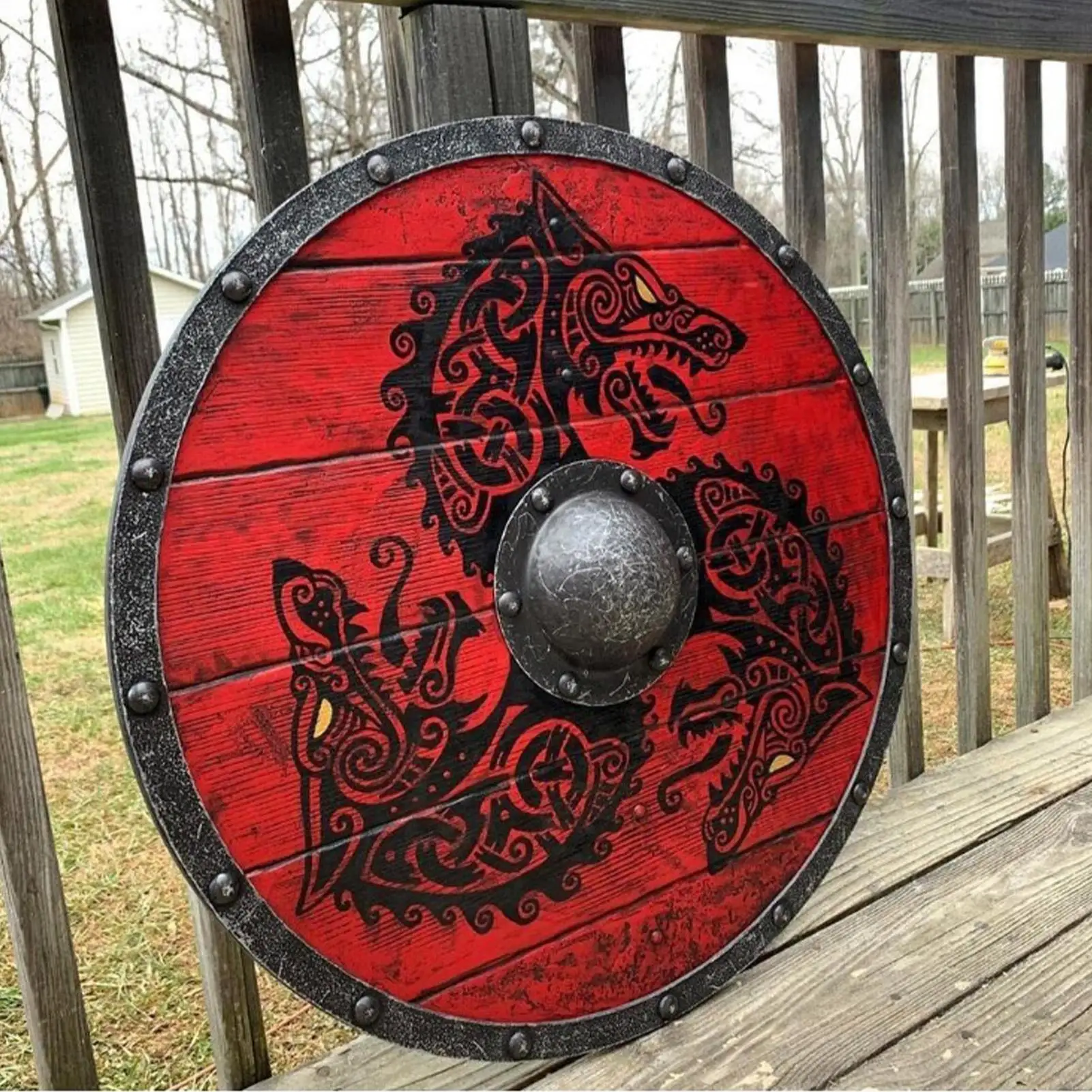 Nové Drevo Prihlásiť Viking Vlk Bojovník Ručne Bitka Pripravený Štít Stredoveké Viking Bojovník Štít Na Stene Visí Dekor Obrázok 1