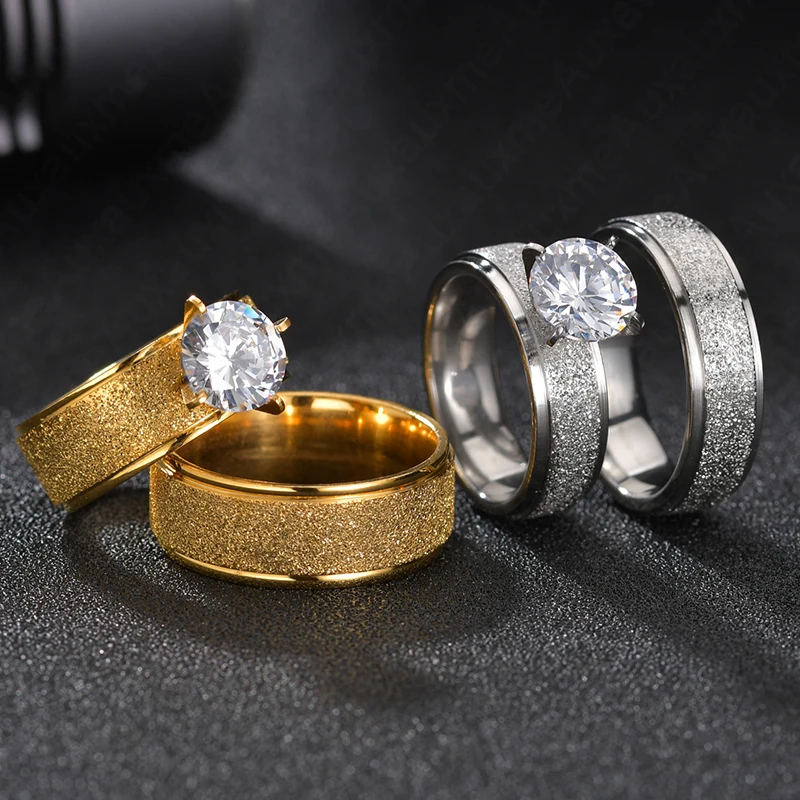 Auxauxme Bling Biele Kamene Zásnubné Prstene pre Páry Zlaté Titánové Ocele Romantický Svadobný Prsteň Ženy Muži Šperky Obrázok 4