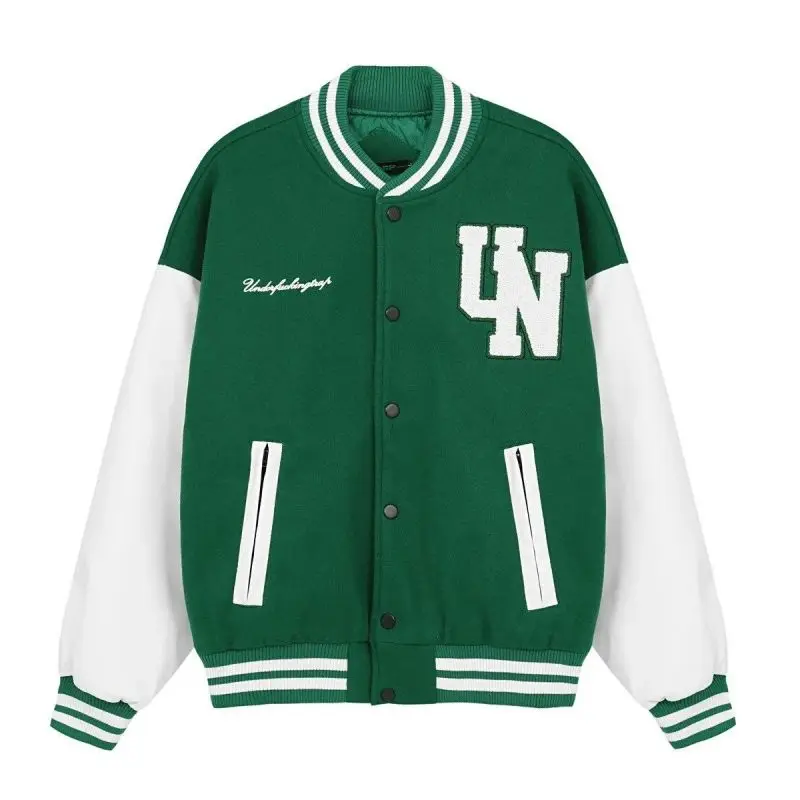 Zelená Varsity Jacket Mužov Bombardér Baseball Žien Nadrozmerné Coats Eagle Výšivky Letterman Jeseň Jar Cardigan Leater Rukáv Obrázok 1