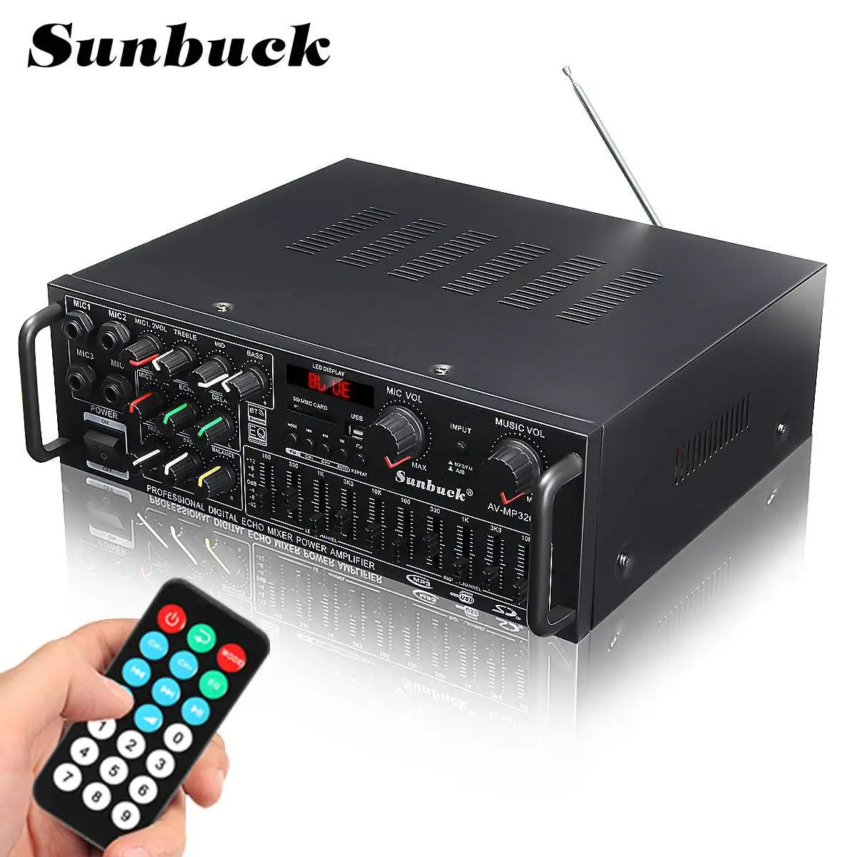 Sunbuck 326BT 2000W 2.0 Kanál bluetooth Audio Zosilňovač 12V/220V AV HiFi Zosilňovač Reproduktor s Diaľkovým ovládaním pre Auto Domov Obrázok 0