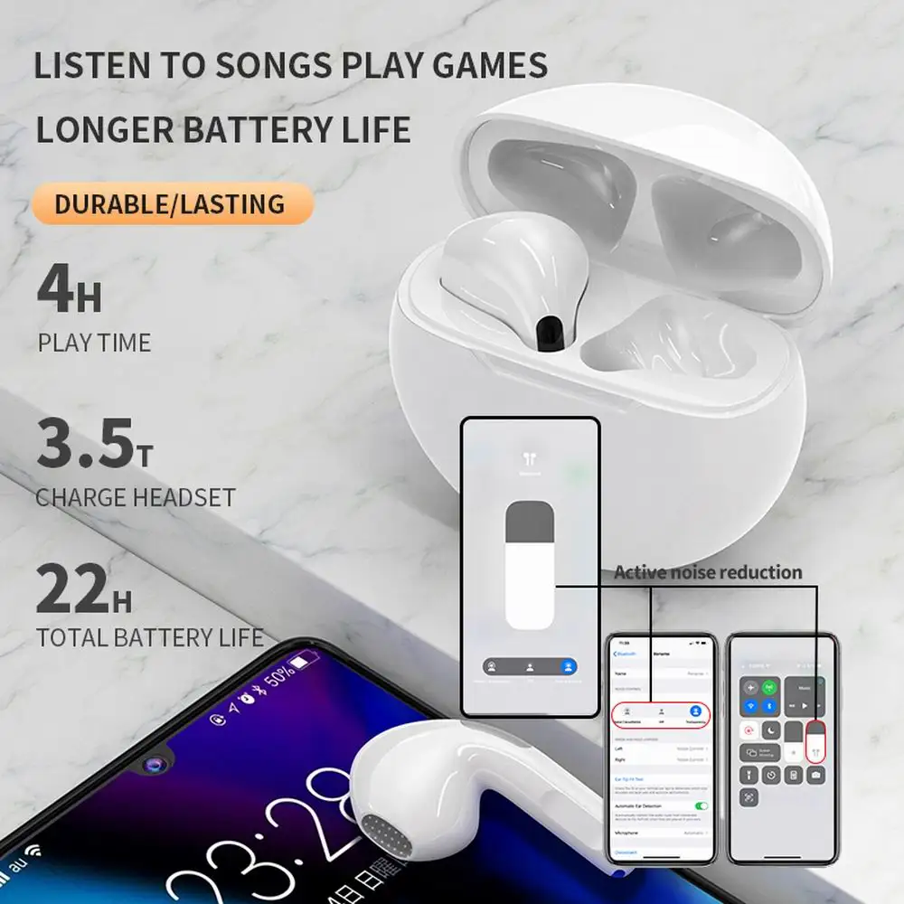 Air Pro 6 TWS Bluetooth Slúchadlá Bezdrôtové Slúchadlá HiFi Basy Hra Headset Touch Control 6 Generácie Pro6 tws Bluetooth Slúchadlá Obrázok 2