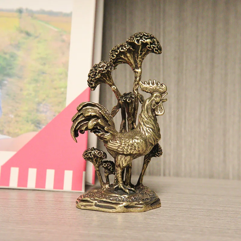 Starožitný Čistej Medi Korunovaný Kohút Ornament Bronz Zodiac Chicken Miniatúrne Figúrky Štúdia Stôl Paperweight Dekorácie Remeslá Obrázok 0