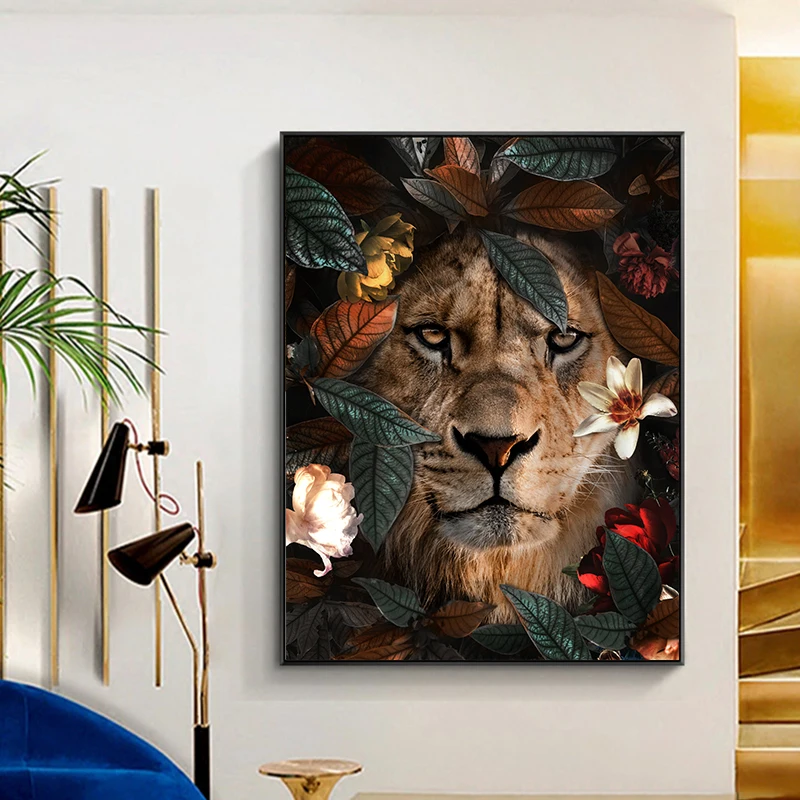 Kvet Zvierat Lev, Tiger, Leopard Medveď Abstraktné Maliarske Plátno Na Stenu Umenie Nordic Tlač Plagátu Dekoratívny Obraz, Obývacia Izba Dekor Obrázok 1