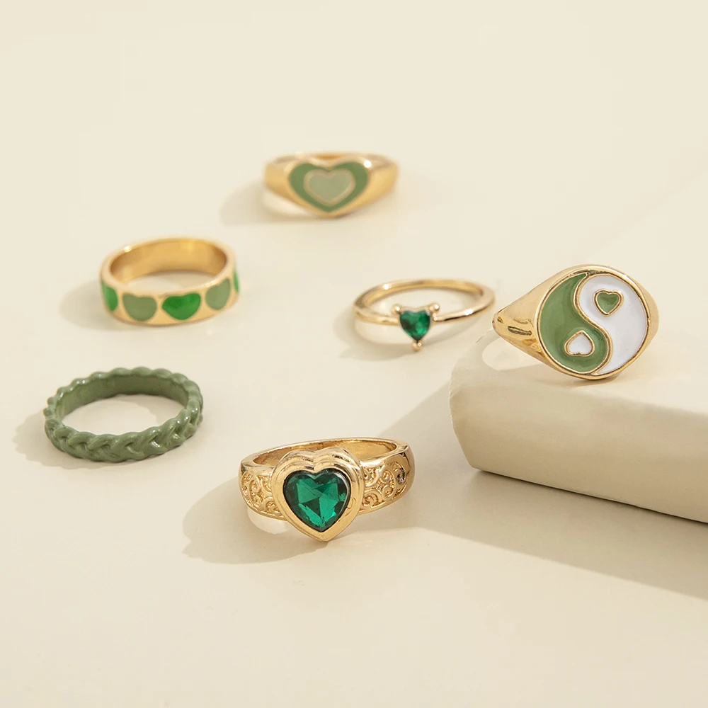 Sindlan 6Pcs Estetické Crystal Zlatá Farba Prstene pre Ženy Kpop Roztomilý Zelené Srdce Živice Anillos Žena Y2k Módne Šperky Bijoux Obrázok 5