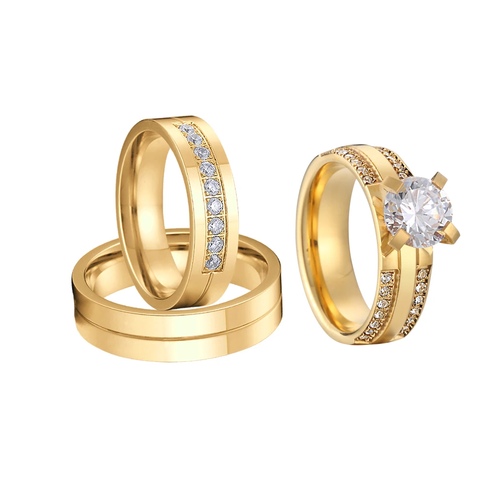 Pár Zásnubné Prstene cz Diamond 3ks sady pozlátené 24k gold dubai snubné prstene, šperky pre mužov a ženy Manželstvo Výročie Obrázok 1