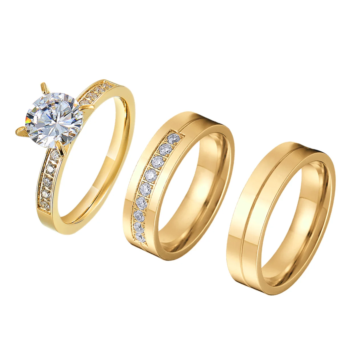 Pár Zásnubné Prstene cz Diamond 3ks sady pozlátené 24k gold dubai snubné prstene, šperky pre mužov a ženy Manželstvo Výročie Obrázok 2