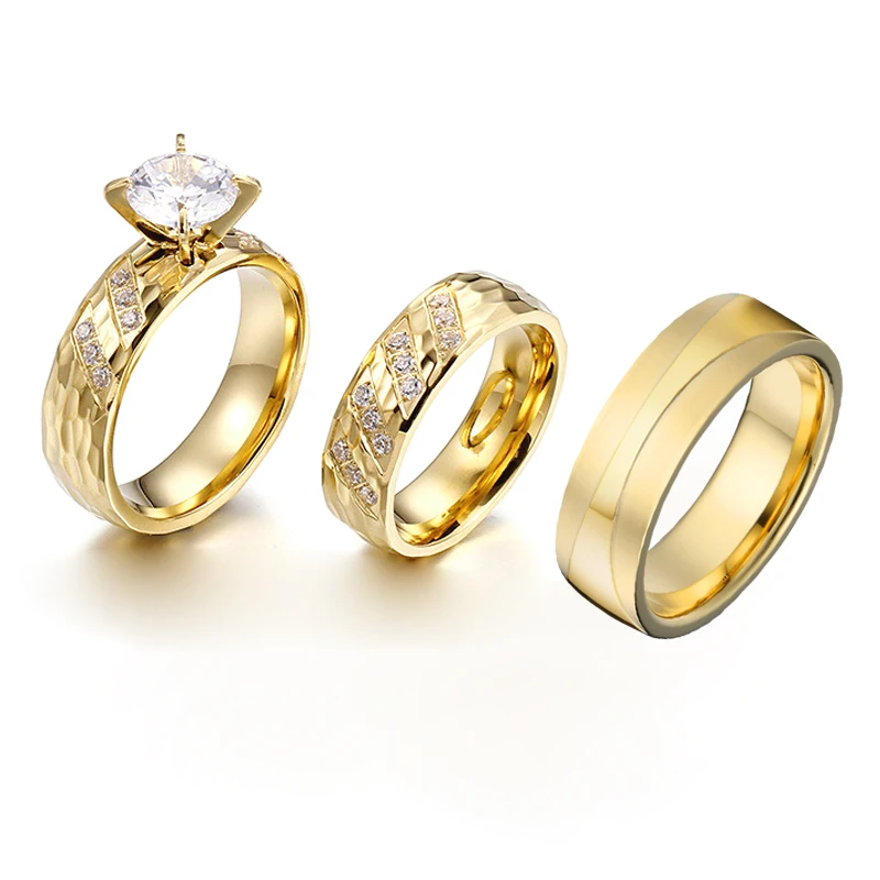 Pár Zásnubné Prstene cz Diamond 3ks sady pozlátené 24k gold dubai snubné prstene, šperky pre mužov a ženy Manželstvo Výročie Obrázok 3