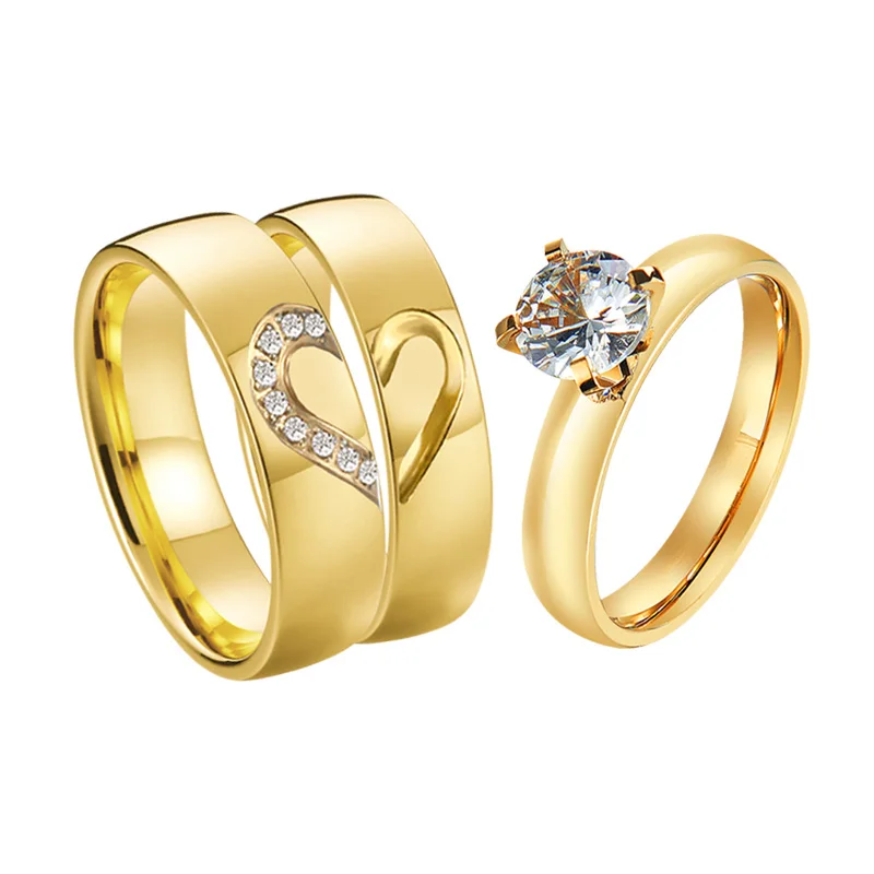 Pár Zásnubné Prstene cz Diamond 3ks sady pozlátené 24k gold dubai snubné prstene, šperky pre mužov a ženy Manželstvo Výročie Obrázok 4