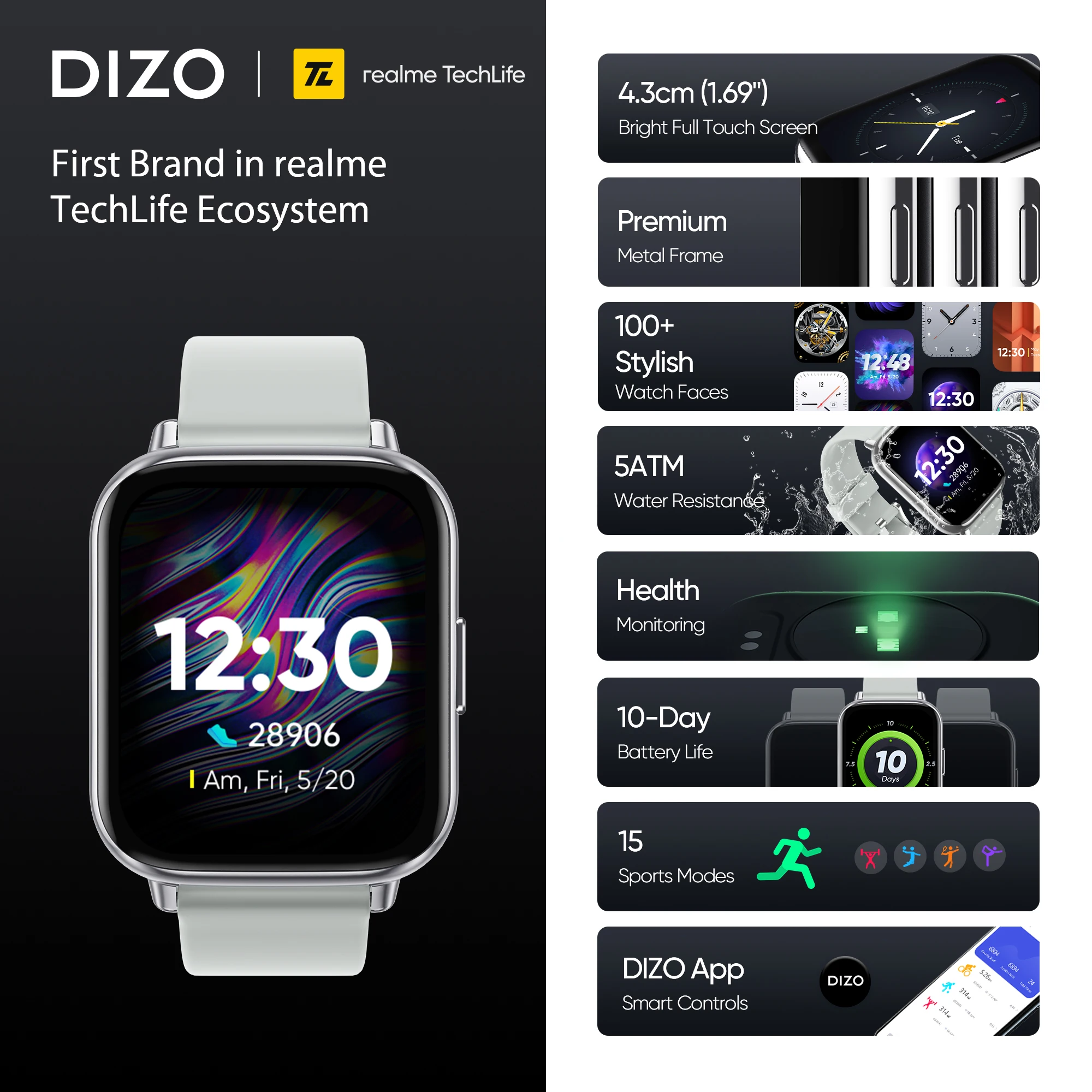 Realme DIZO Sledovať 2 Smart Hodinky 1.69 palcový Full Dotykového Displeja Vodotesný Bluetooth Smartwatch Muži Ženy pre iPhone Xiao Obrázok 2
