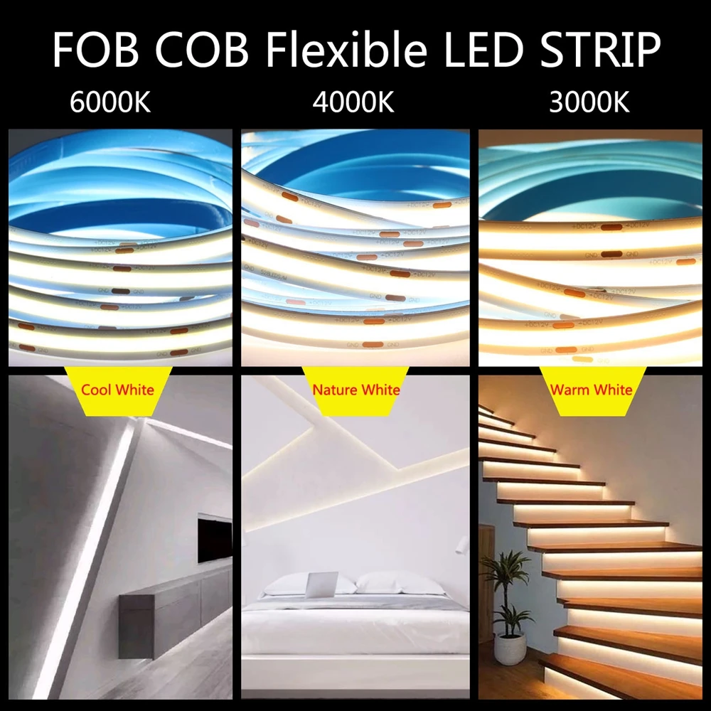 COB LED Pásy Svetla, Vysoká Hustota Flexibilné FOB 480/528 Led/m Led Svetlá Páska ,Príroda Biela/Teplá biela/Biela Obrázok 5