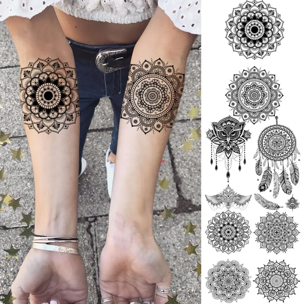 Black Mandala Predlaktie Dočasné Tetovanie Pre Ženy, Dospelých Dievča Dream Catcher Sova Prívesok Falošné Tetovanie Na Krku Body Art Umývateľný Tatoos Obrázok 0