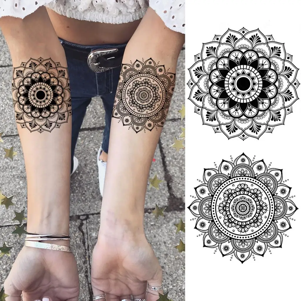 Black Mandala Predlaktie Dočasné Tetovanie Pre Ženy, Dospelých Dievča Dream Catcher Sova Prívesok Falošné Tetovanie Na Krku Body Art Umývateľný Tatoos Obrázok 3