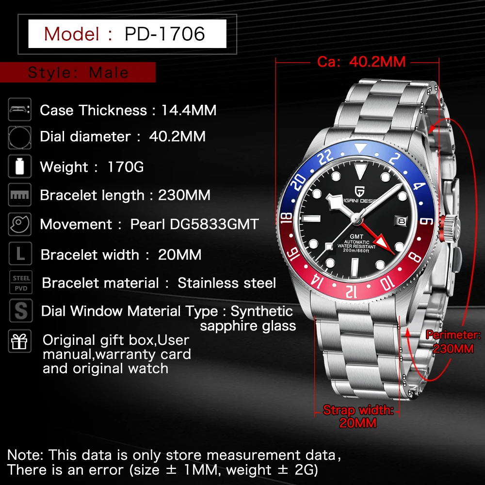 PAGANI DIZAJN 40 MM GMT Automatické Hodinky Pre Mužov Mechancial náramkové hodinky Športové Nepremokavé Hornej Luxusné Sapphire Reloj Hombre 2022 Obrázok 5