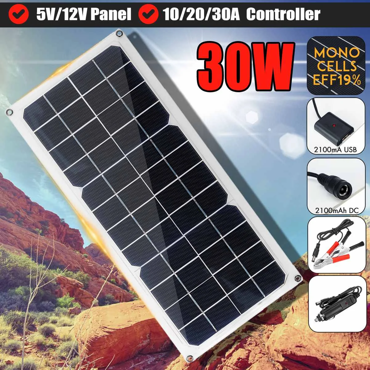 30W Solárny Panel 12V Polykryštalických USB Power Prenosné Vonkajší Cyklus Kempovanie Turistika Cestovanie Solárne Nabíjačka Telefónu Obrázok 0