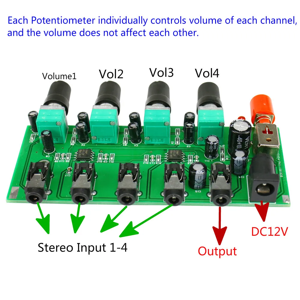 GHXAMP Stereo Mixer (4 Vstup ,1 výstup), Individuálne Ovládanie Dosky DIY Slúchadlá Zosilňovač Prípade, DC12V Obrázok 5