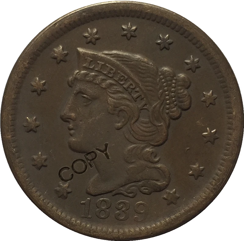 USA 1839-1857 Pletená Vlasy Veľké Cent KÓPIE MINCÍ Obrázok 0