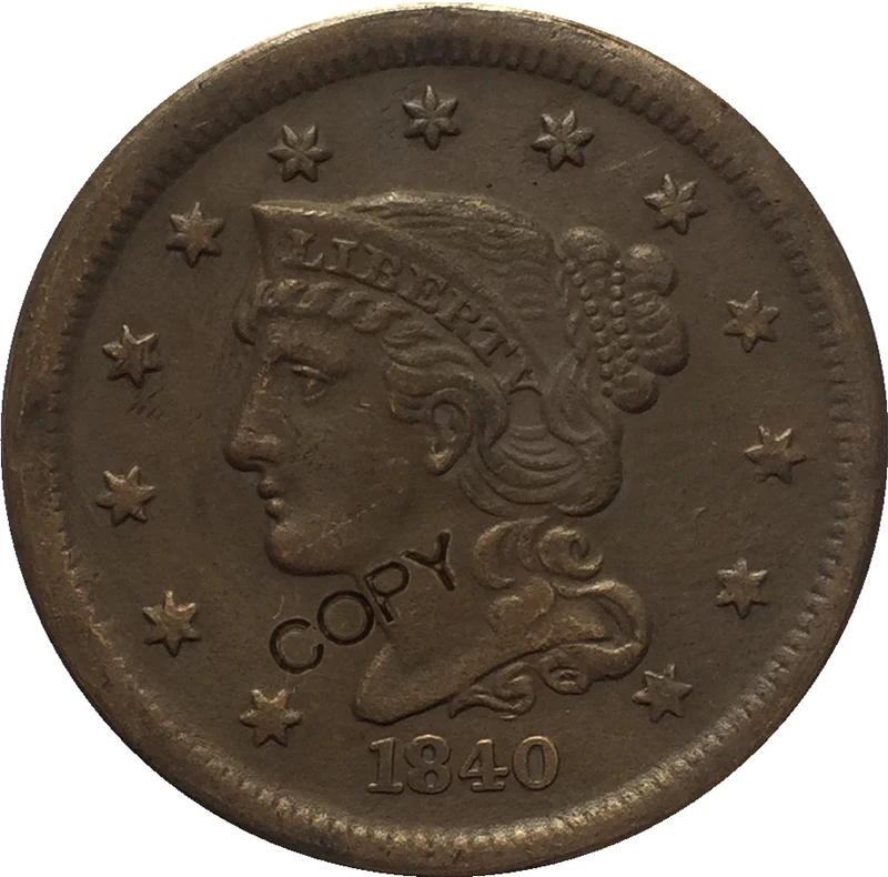 USA 1839-1857 Pletená Vlasy Veľké Cent KÓPIE MINCÍ Obrázok 1