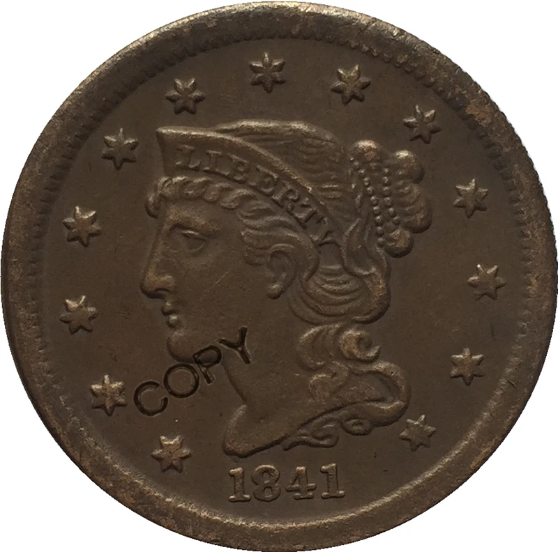 USA 1839-1857 Pletená Vlasy Veľké Cent KÓPIE MINCÍ Obrázok 2
