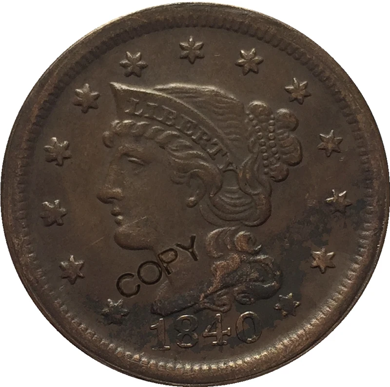 USA 1839-1857 Pletená Vlasy Veľké Cent KÓPIE MINCÍ Obrázok 3