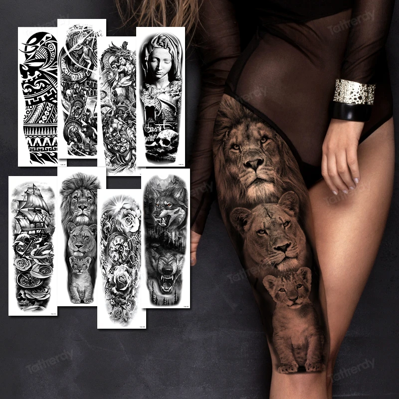 Plný Rameno Dočasné Tetovanie Nálepky Muž Žena Dievčatá Telo Nohu Falošné Tetovanie Lion King Vlk Magnolia Kvety Totem Vodeodolný Make-Up Obrázok 0