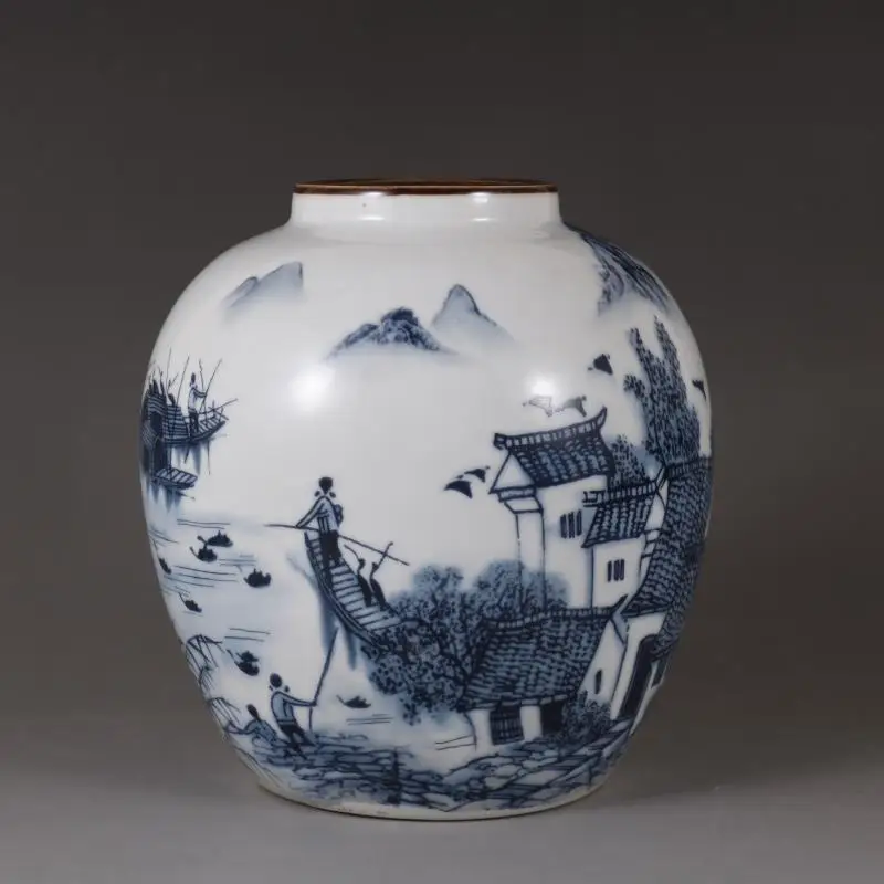 Čínsky Qing Dynastie Modrá A Biela Staré Starožitný Porcelán Jiangnan Vody Meste Vzor Keramická Váza Domov Kabinetu Vybavenie Plavidla Obrázok 3