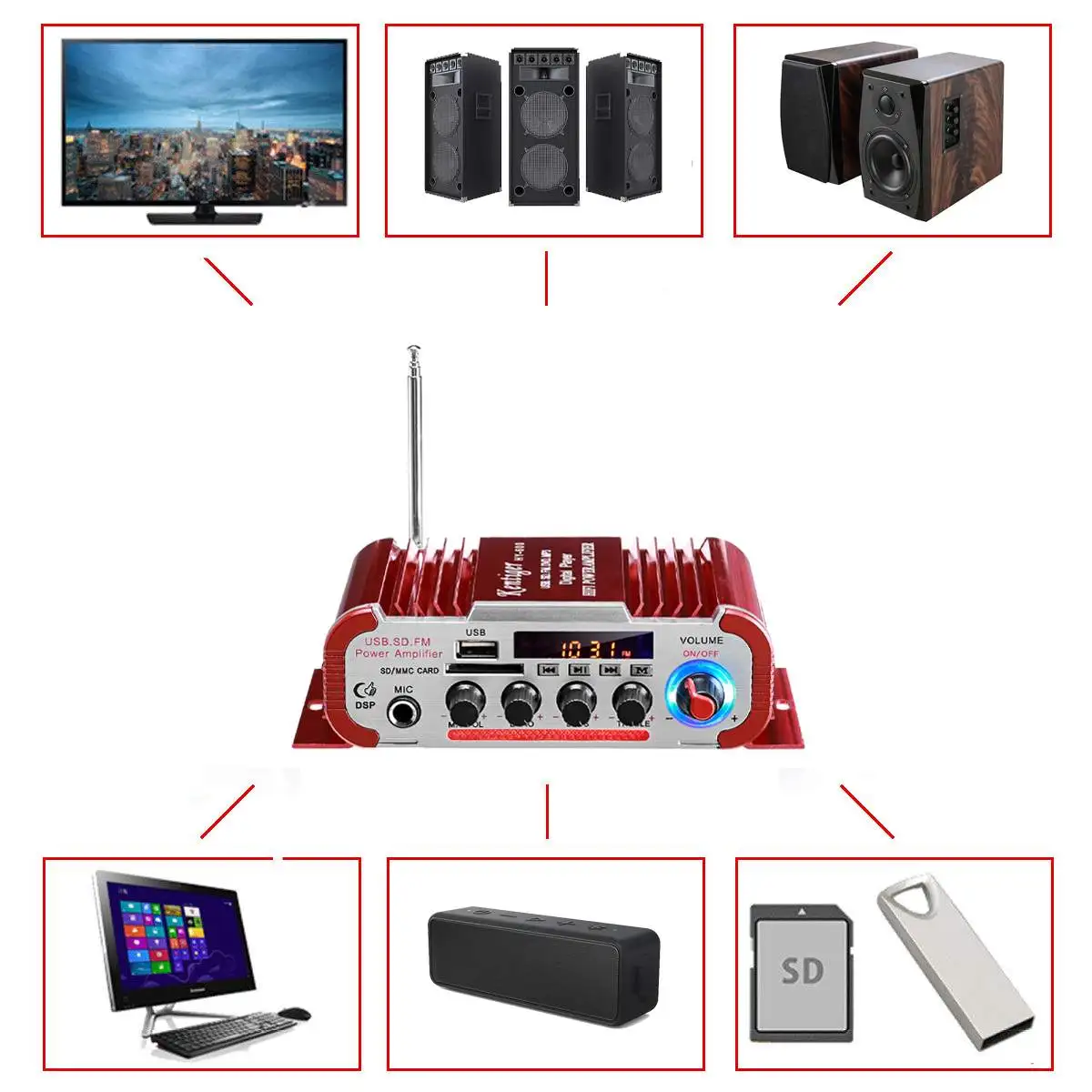 HY60 600W 12V/220V 2CH Auto HIFI Audio Zosilňovač LCD Displej Triedy D, Výkon Amplificador Rádio Auto Domov Hlasný Reproduktor, FM, USB, SD Obrázok 1