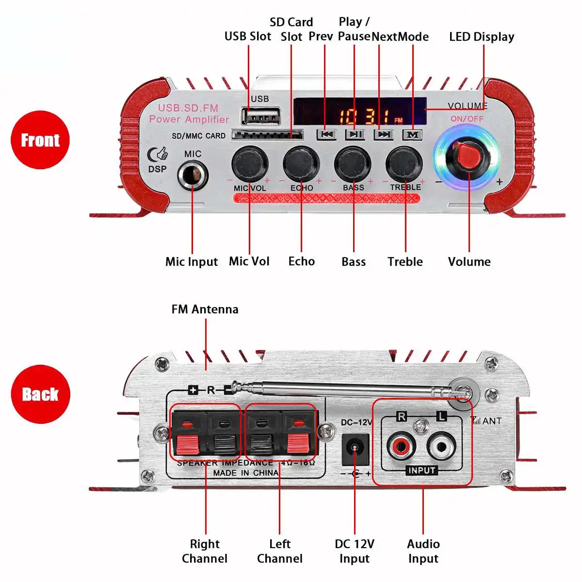HY60 600W 12V/220V 2CH Auto HIFI Audio Zosilňovač LCD Displej Triedy D, Výkon Amplificador Rádio Auto Domov Hlasný Reproduktor, FM, USB, SD Obrázok 4